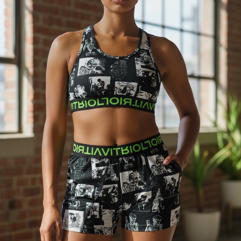 Stylish Black And White Sports Bra With Green Trim